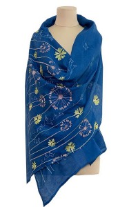 Women's blue scarf made of fine linen with Jacquard embroidery