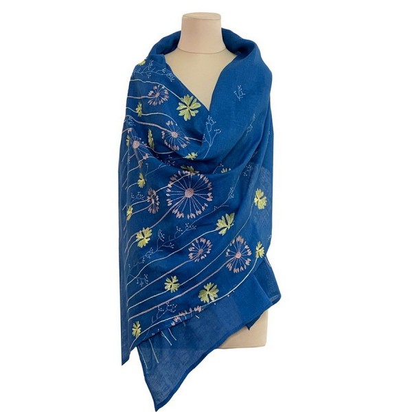 Women's blue scarf made of fine linen with Jacquard embroidery