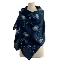 Women's dark blue scarf made of fine linen with Emily embroidery