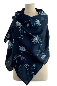 Women's dark blue scarf made of fine linen with Emily embroidery
