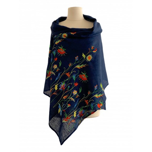 Women's scarf blue Lydia, a scarf made of fine linen with delicate embroidery. Size 70*195