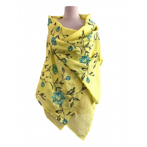 Women's yellow Lydia scarf, a scarf made of fine linen with delicate embroidery. Size 70*195