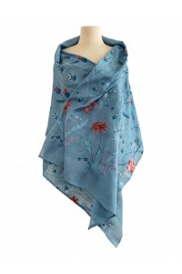 Women's scarf blue Lydia 1, a scarf made of fine linen with delicate embroidery. Size 70*195