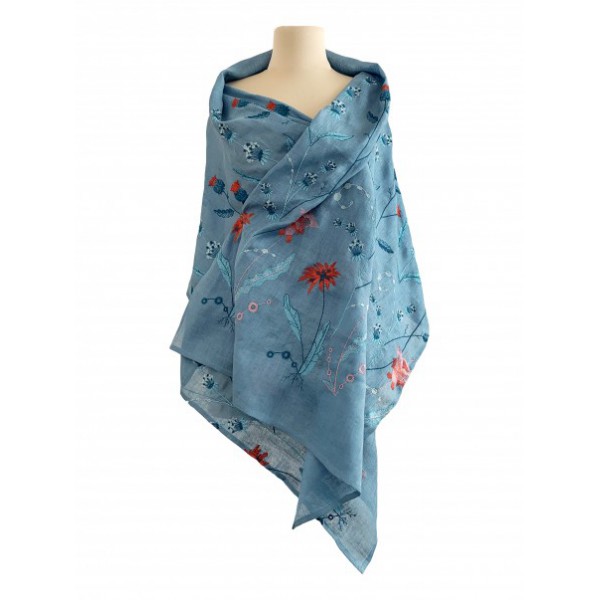 Women's scarf blue Lydia 1, a scarf made of fine linen with delicate embroidery. Size 70*195