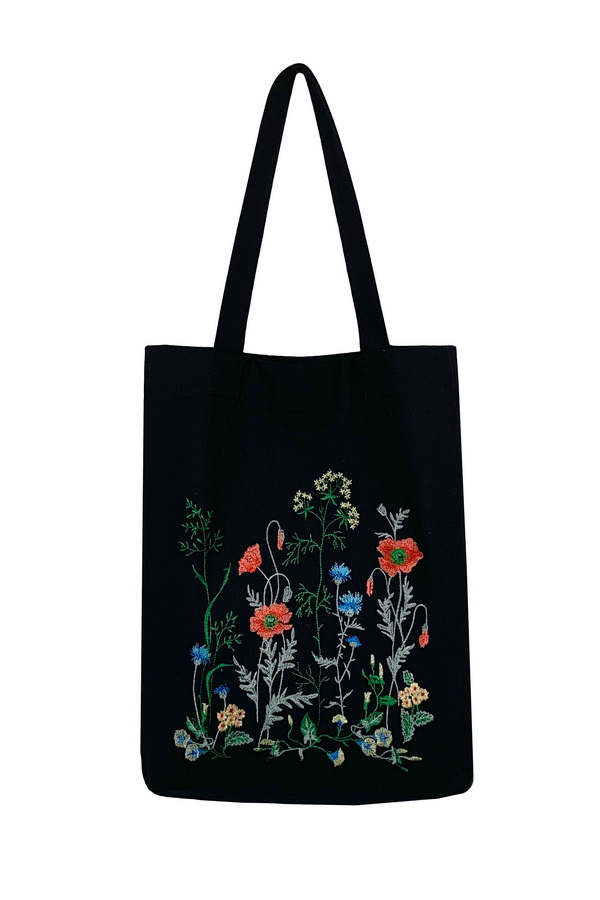 Black shopper bag with embroidery “Colorful Flowers”