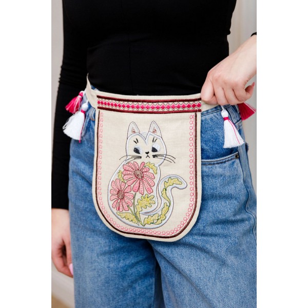 Гаман-ладунка, вышитая поясом Котик Мурчик (беж-меланж)