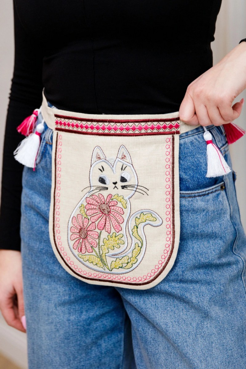 Гаман-ладунка, вышитая поясом Котик Мурчик (беж-меланж)