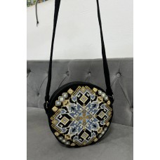 Black artificial felt bag with yellow embroidery Voyage