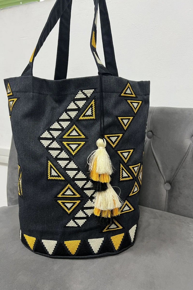 Black bag with embroidery Tripolye mosaic