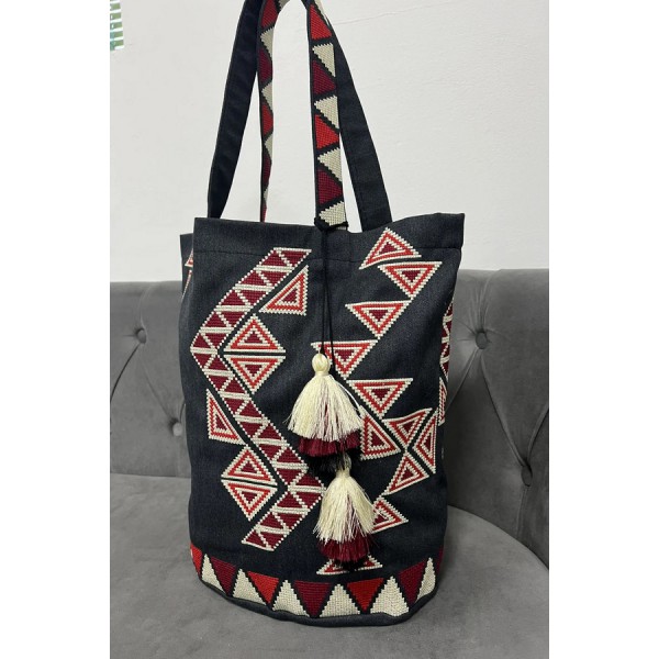 Black bag with red embroidery Tripolye mosaic