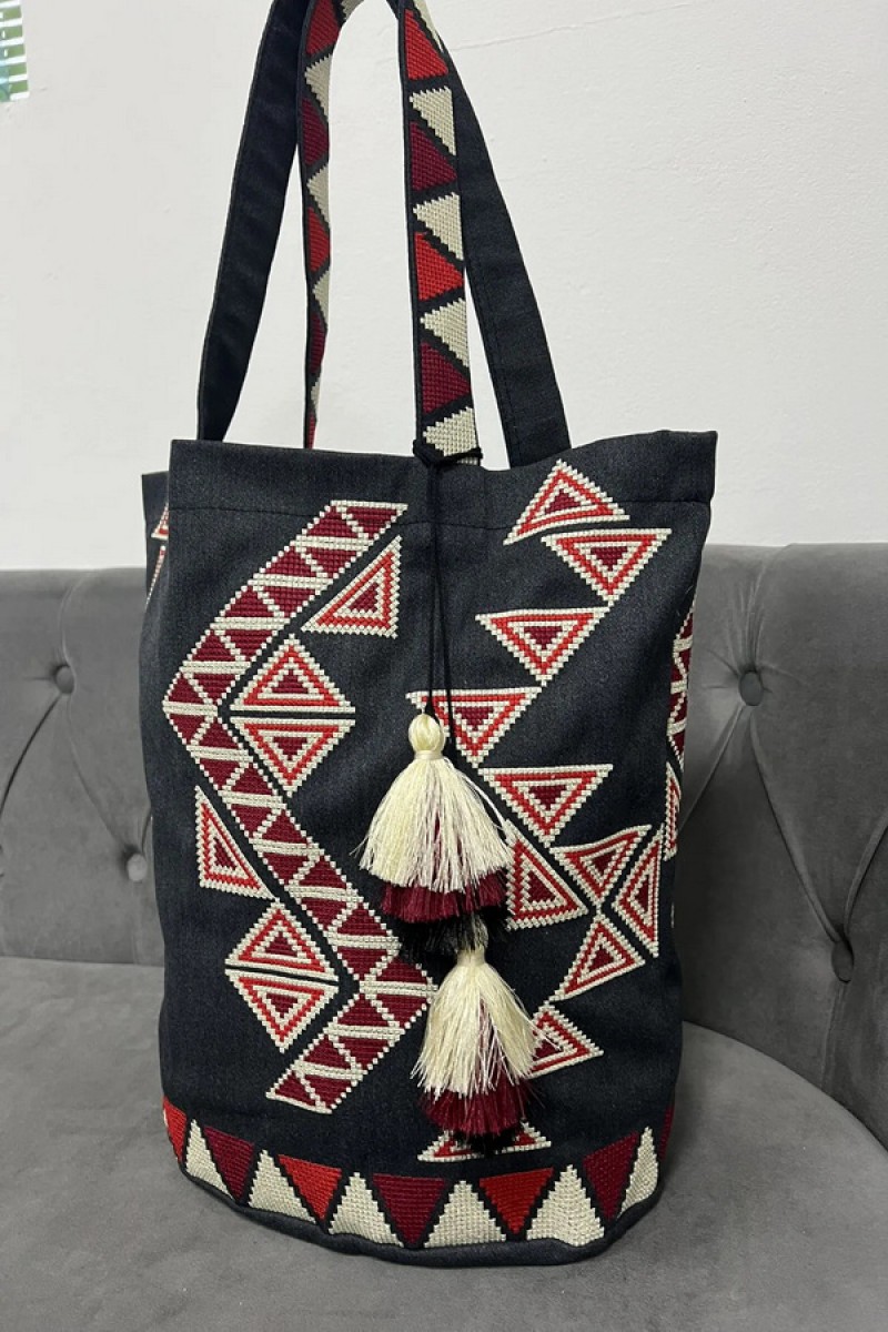 Black bag with red embroidery Tripolye mosaic