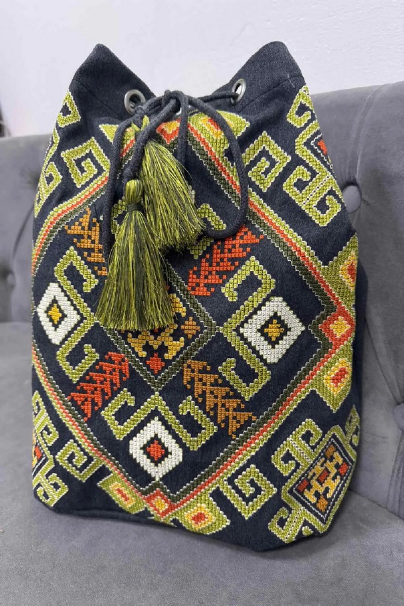 Black bag with green embroidery of Podillia colors