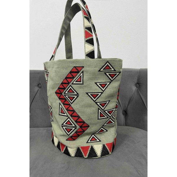 Green bag with red embroidery Tripolye mosaic