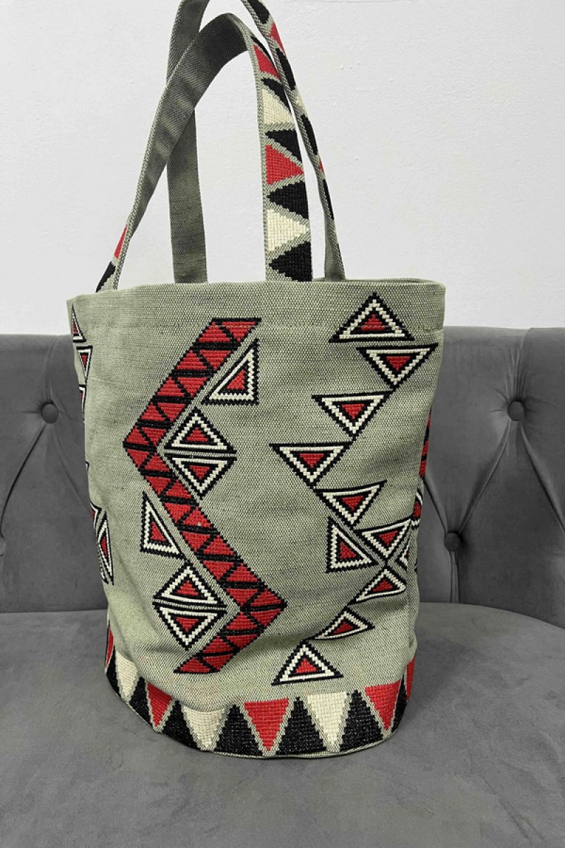 Green bag with red embroidery Tripolye mosaic