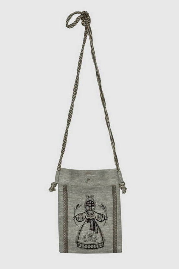 Embroidered pouch-wallet Motanka gray with dark-gray embroidery, size 17*21