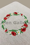 Poppy, linen tablecloth gray square round embroidery in the center 138*138 cm