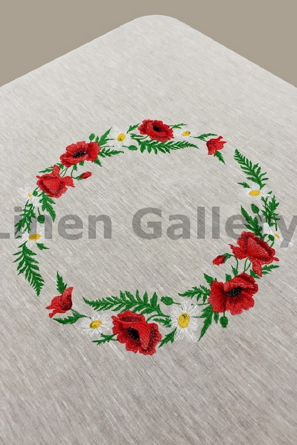 Poppy, linen tablecloth gray square round embroidery in the center 138*138 cm