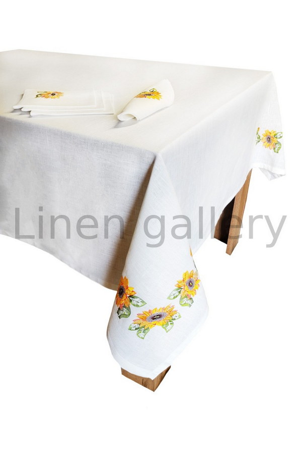 Sunflowers, gift set with embroidery 140*140, white linen