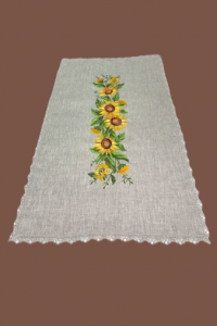 Sunflowers, linen table runner made of gray linen