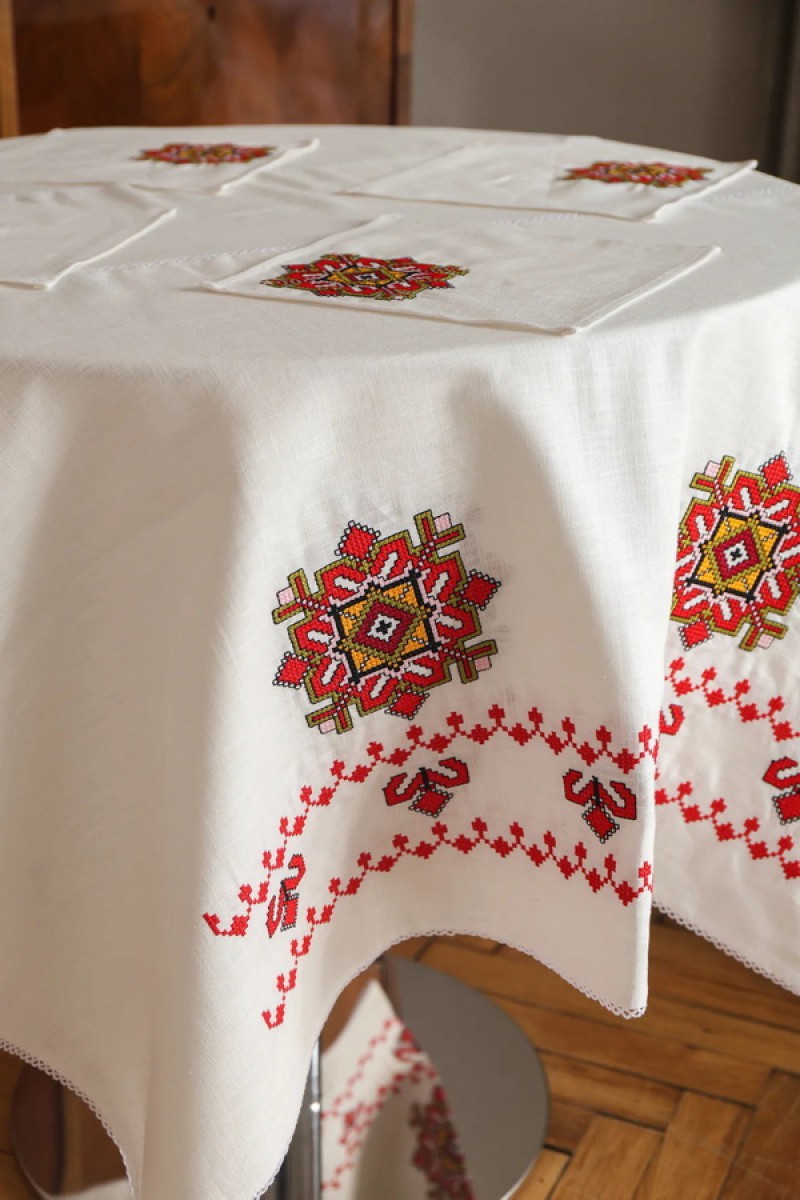 White linen tablecloth with embroidery "Hospitality"