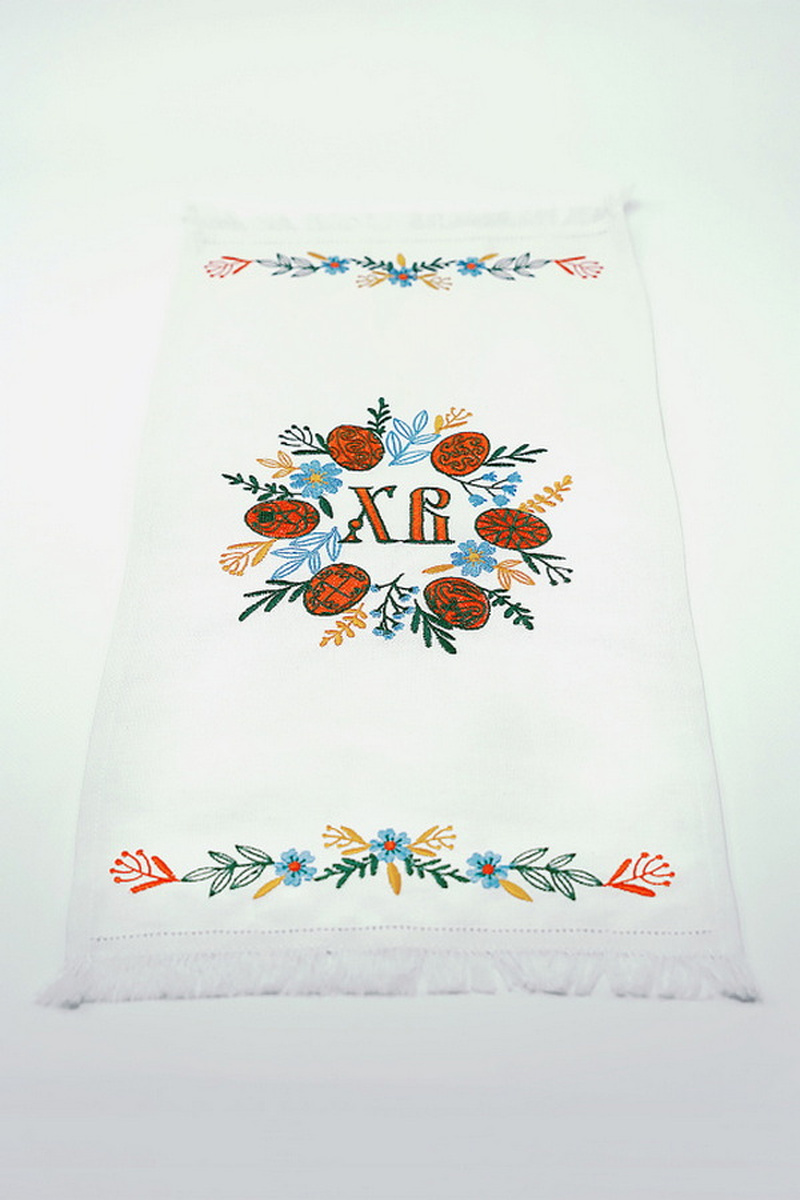 Easter towel with “Pysanka with flowers” pattern (green-orange) 33x65 cm