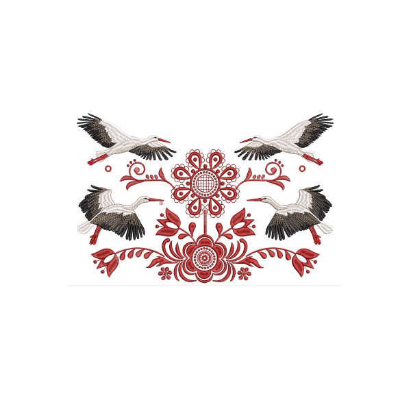 Дизайн  для машинної вишивки Лелеки з орнаментом гладдю