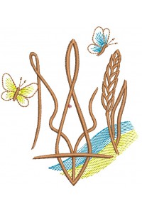 The coat of arms of Ukraine is stylized with butterflies and an ear of wheat