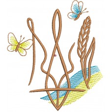 The coat of arms of Ukraine is stylized with butterflies and an ear of wheat