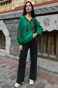 Green women's embroidered shirt with red embroidery "Blooming Garden"