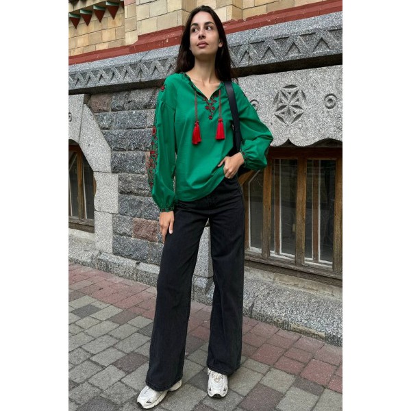 Green women's embroidered shirt with red embroidery 