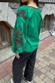 Green women's embroidered shirt with red embroidery "Blooming Garden"