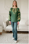 Green women's embroidered shirt with ears of wheat in a bouquet.
