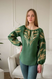 Green women's embroidered shirt with ears of wheat in a bouquet.