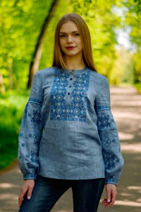 Perun's flower, women's embroidered shirt, linen-denim