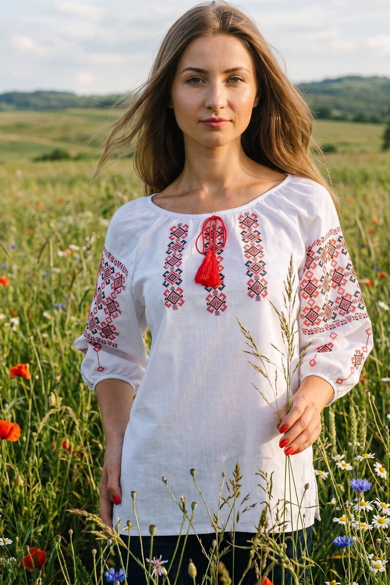 Жіноча вишиванка Ріжки біла з червоною вишивкою