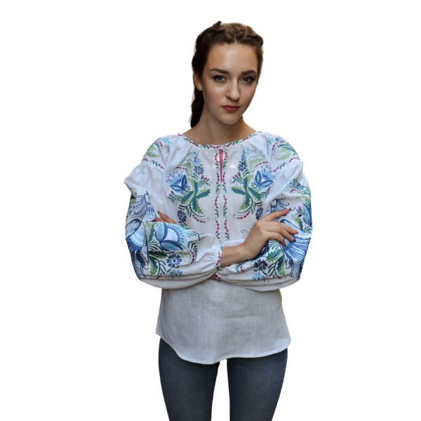 Linen white embroidered shirt with blue embroidery of a Bird