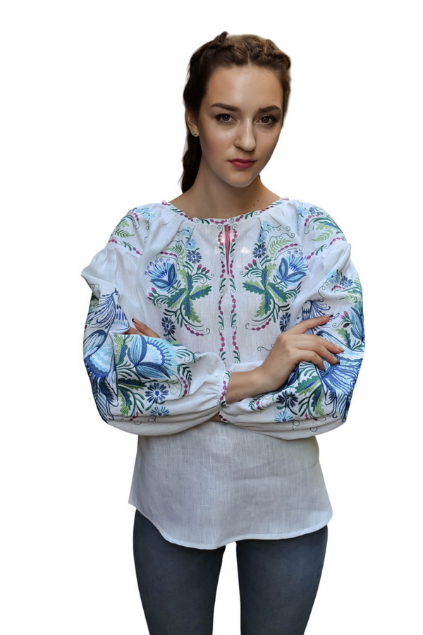 Women's linen embroidered shirt “Bird” in white with blue embroidery, 48