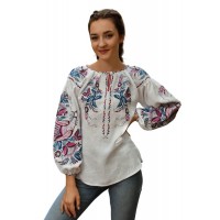 Linen white embroidered shirt with pink embroidery of a Bird