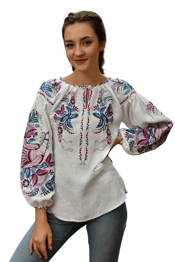 Women's linen embroidered shirt “Ptakha”, white with pink embroidery, 48