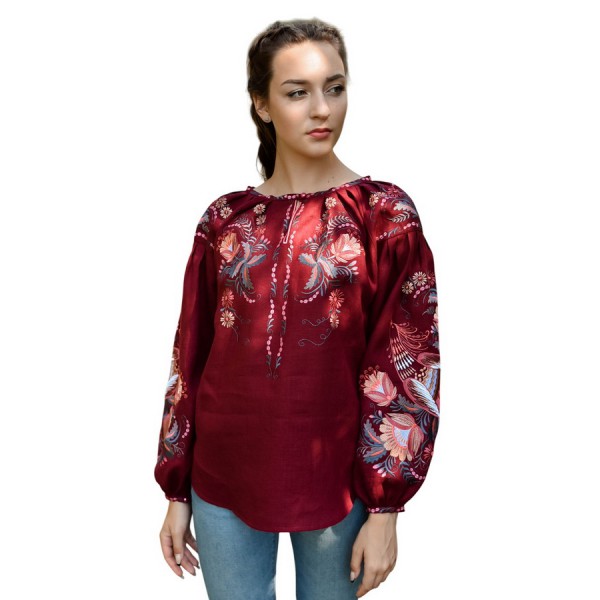 Linen embroidered shirt burgundy Bird