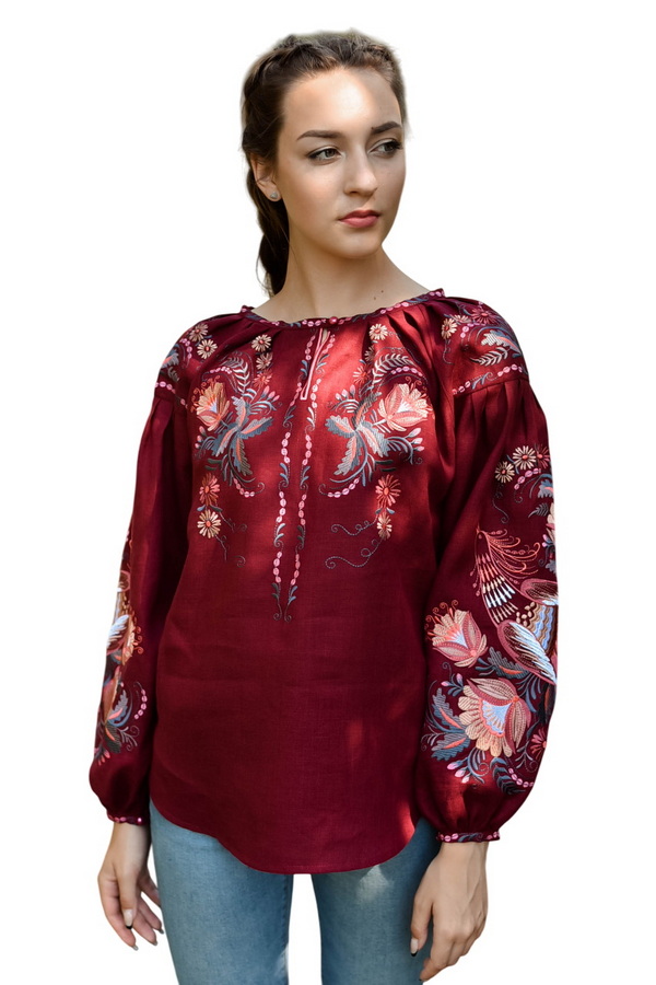 Linen embroidered shirt burgundy Bird, 48
