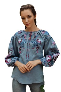 Лляна вишиванка джинсового кольору Птаха