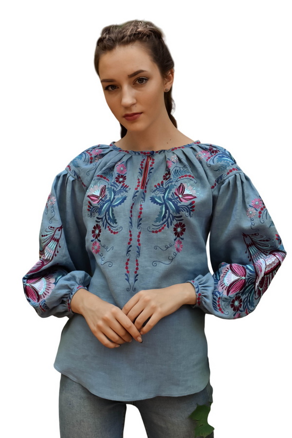 Women's embroidered shirt "Bird", denim linen, 48