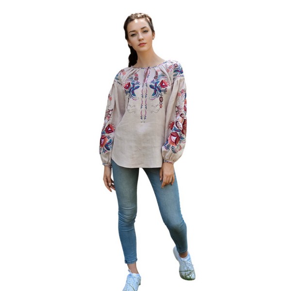 Linen white embroidered shirt with pink embroidery of a Bird