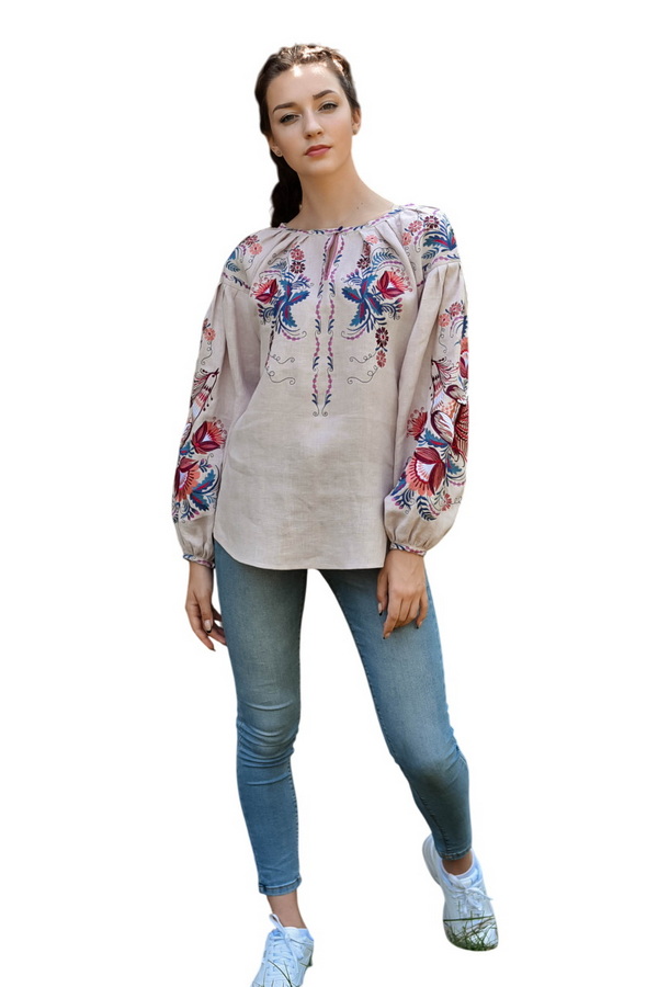 Women's linen embroidered shirt “Bird” in a powder color, 48