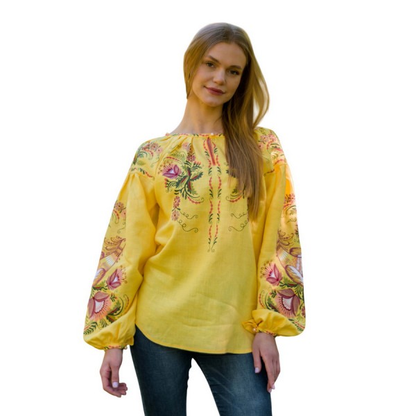 Linen yellow embroidered shirt Bird