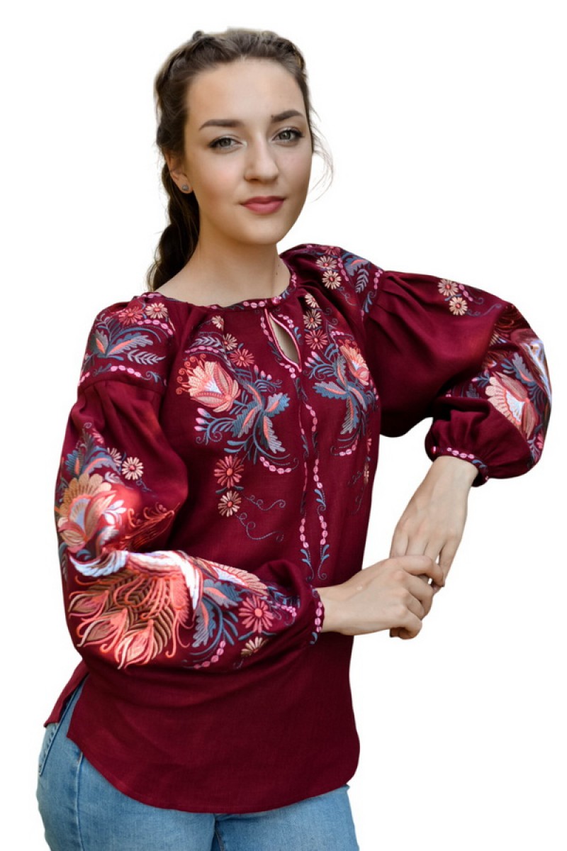 Лляна вишиванка бордова Птаха