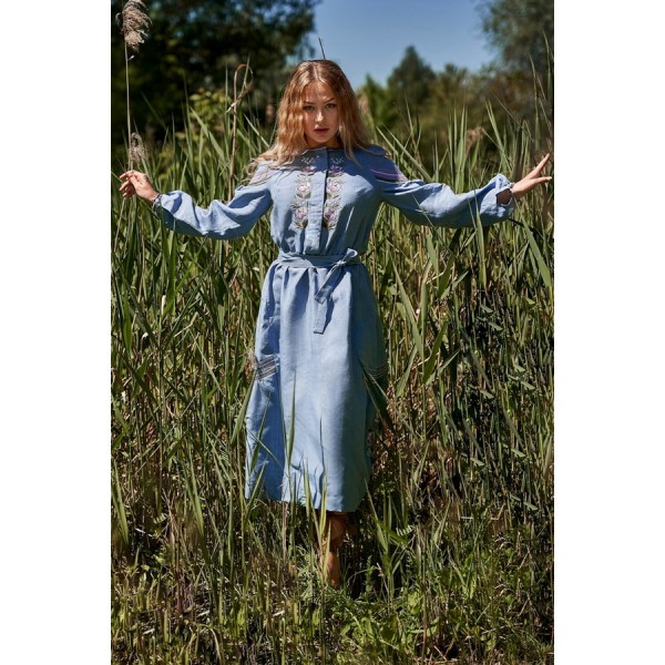 Жіноча вишита сукня з льону Півонія блакитна, 42