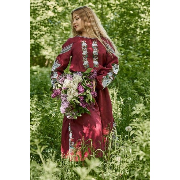 Women's embroidered linen dress Burgundy Peony