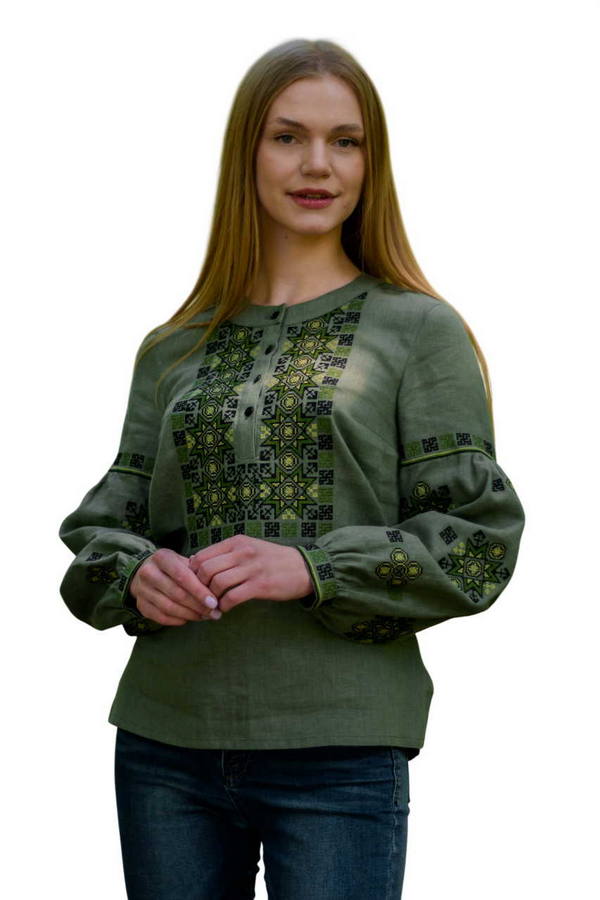 Women's linen embroidered shirt "Perun's Blossom" green